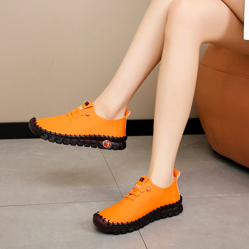 Lace-Up Leather Loafers - Flat Casual Shoes for Women, New Spring Collection, Outdoor Travel and Walking Sneakers