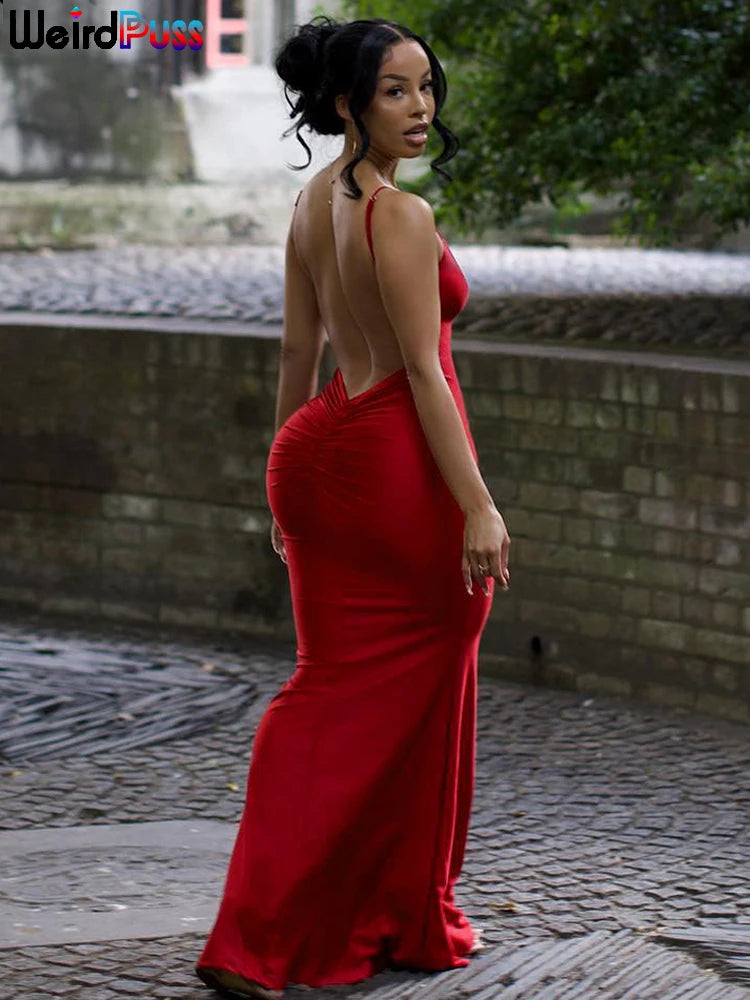 Weird Puss Sexy Backless Maxi Dress – V-Neck, Sleeveless, Elegant Mermaid Bodycon Evening Gown for Banquet & Prom