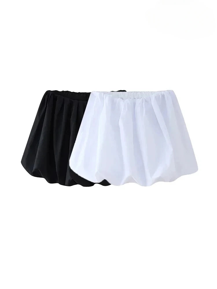Women's Balloon Mini Skirt – Mid Elastic Waist, Voluminous Hem, Fashionable Style