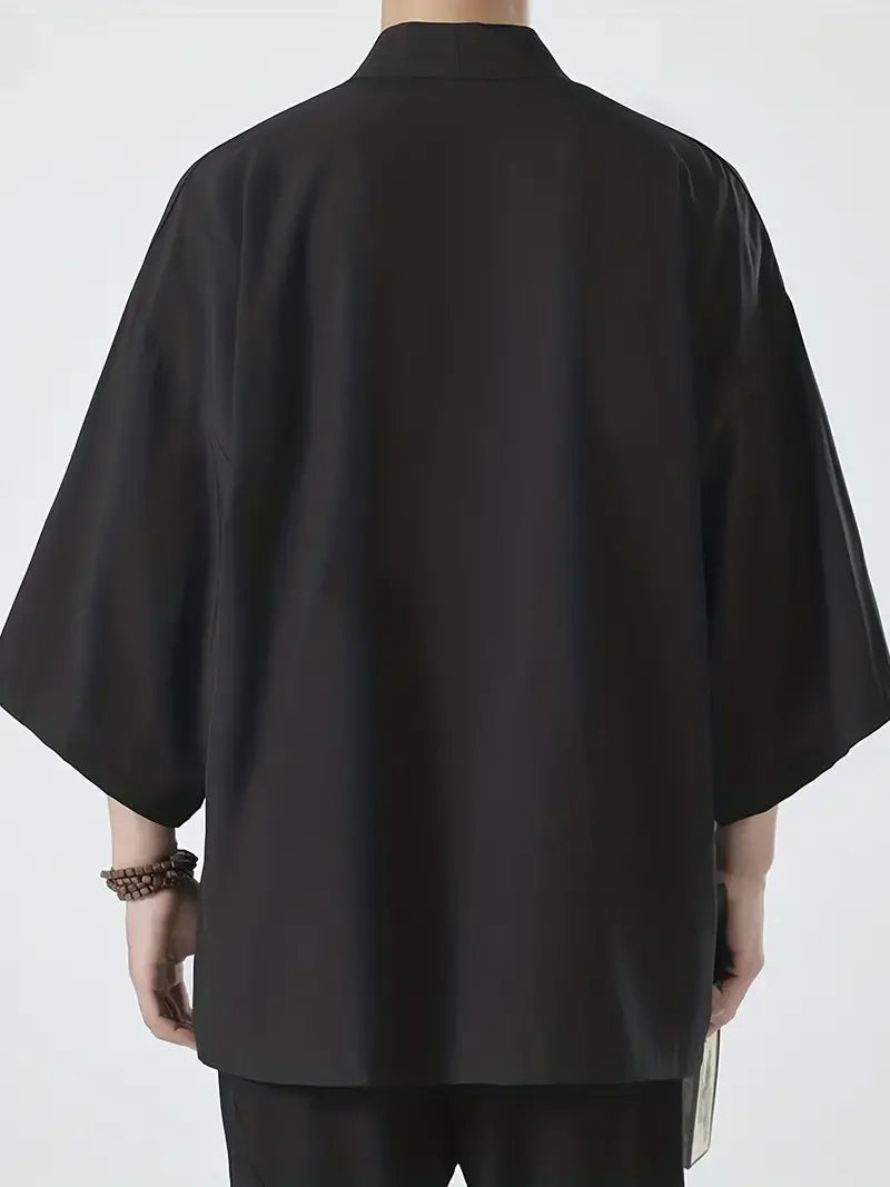 Men's Lightweight Kimono Shirt – Seven Sleeve Open Front Cardigan, Japanese Style Yukata Bathrobe, Samurai-Inspired Clothing
