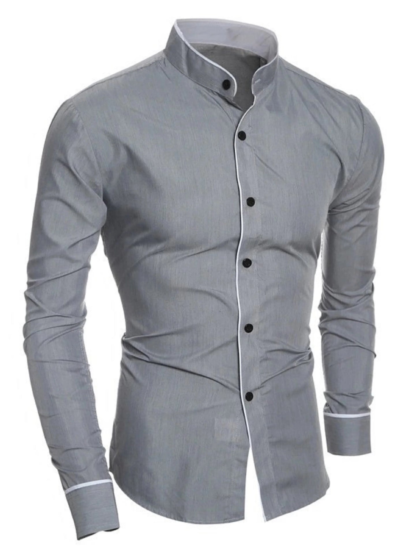 Men's Long-Sleeved Solid Color Shirt – Stand-Up Collar, Comfortable Button-Down, Fashionable Slim Fit Shirt