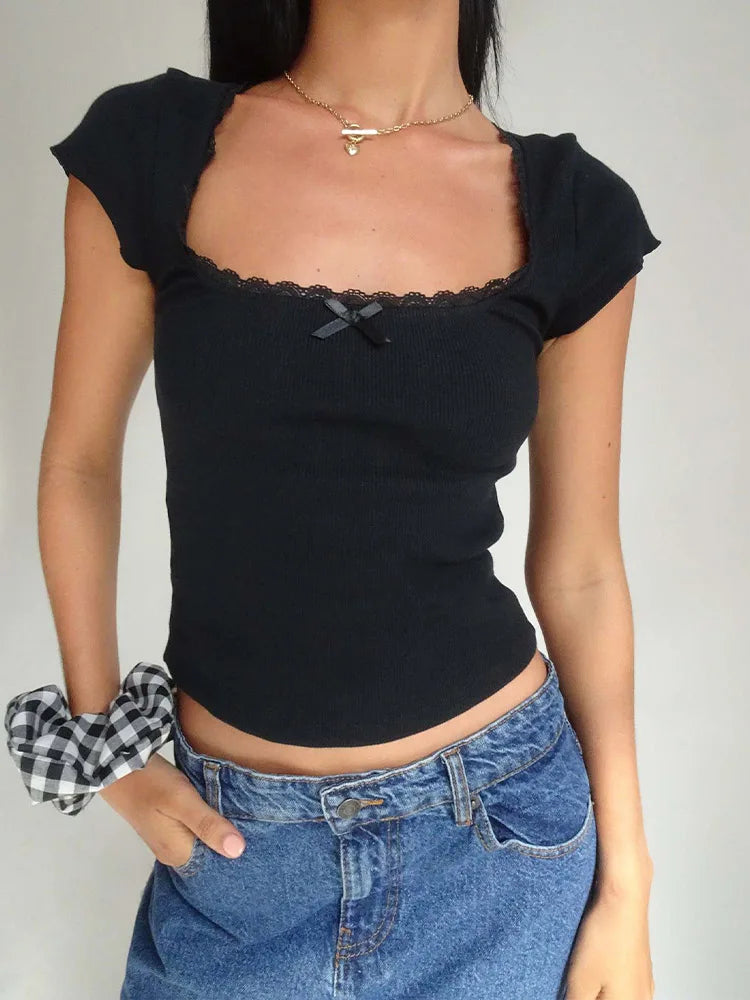 Y2K Vintage Baby Tee – Cottagecore Lace Trim, Knitted Square Neck Crop Top for Women