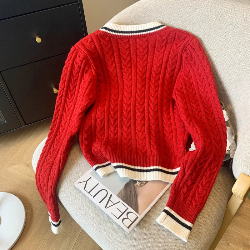 Cashmere V-Neck Pullover – Warm Knitwear, Twist Knit, Autumn Winter Jumper for Women