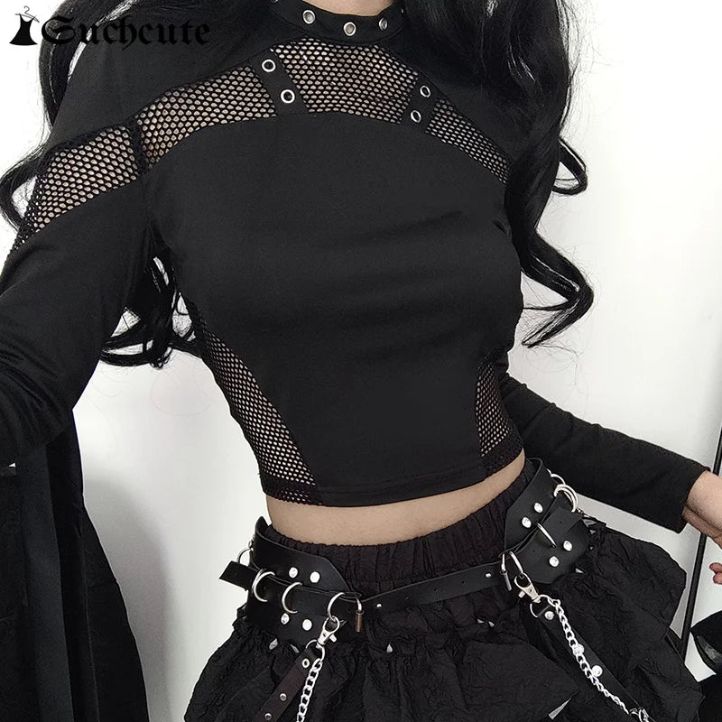 Goth Mesh Patchwork Crop Top – Sexy Hollow-Out, Long Sleeve, Eyelet Detail, Punk Style, Slim Fit Streetwear Tee