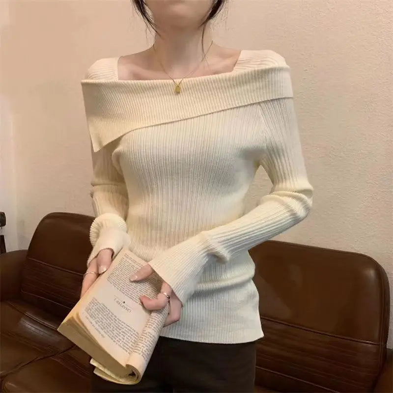 Slim Off-Shoulder Knitted Sweater – Slash Neck, Long Sleeve, Sexy Office Fashion