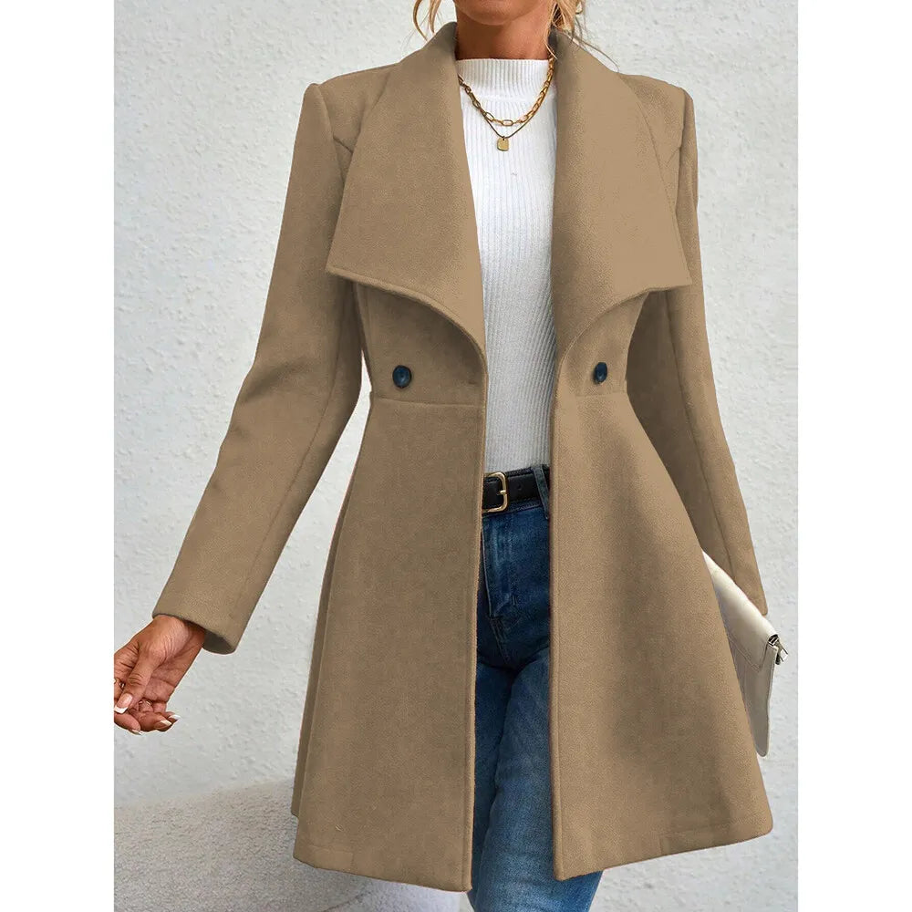Women's Winter Coat – Solid Color, Long Sleeve, Lapel, Button-Up Workwear