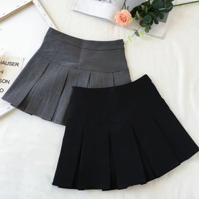 Fashion A-Line Pleated Skirt – High Waist, Zipper, Grey & Black, Student JK Style, Summer Mini Suit Skirt