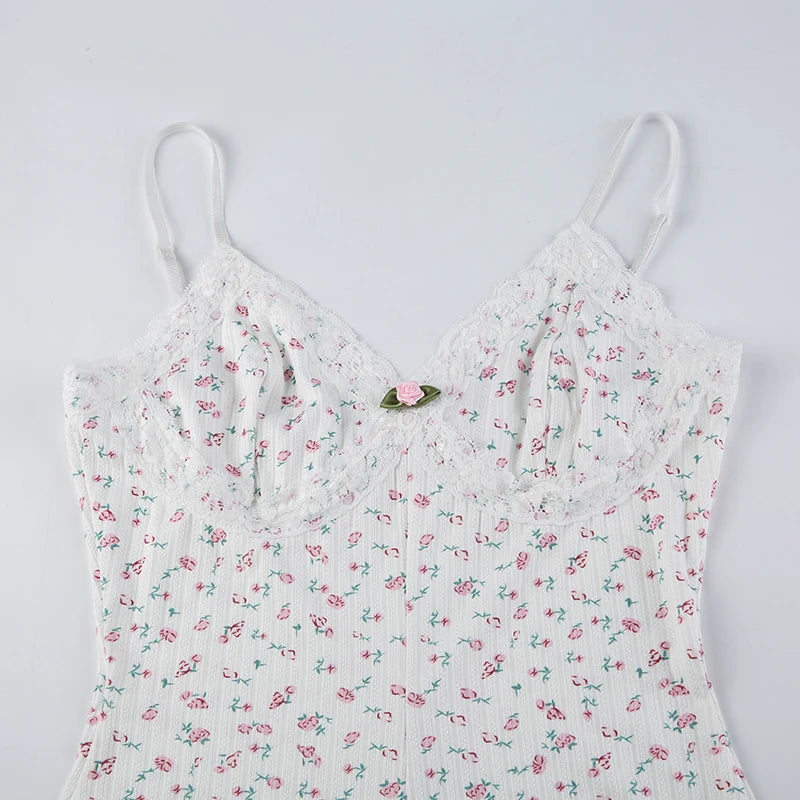 Y2K Floral Print Bodysuit – Spaghetti Straps, Sexy Lace Patchwork, Knit, Sleeveless, Slim Fit