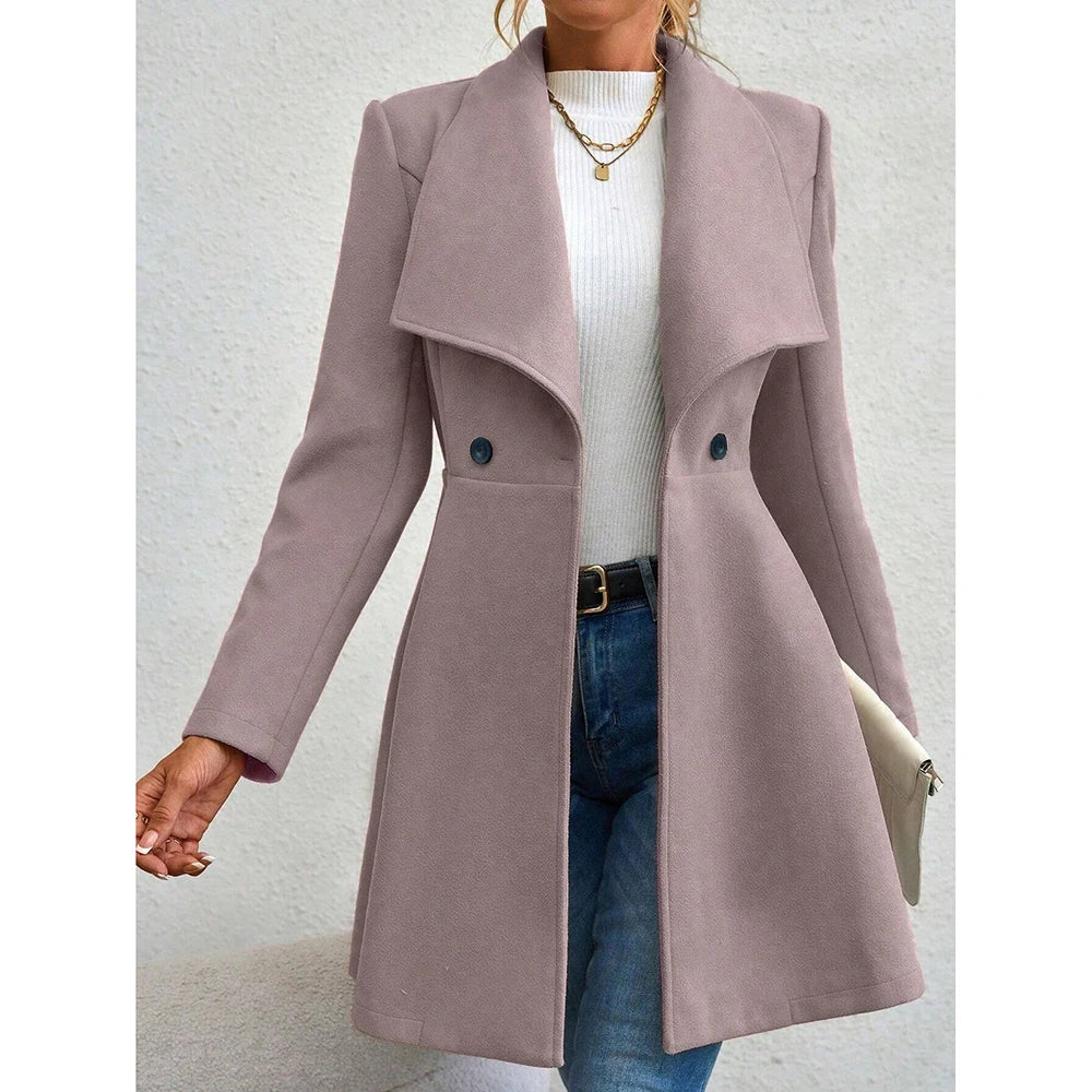 Women's Winter Coat – Solid Color, Long Sleeve, Lapel, Button-Up Workwear