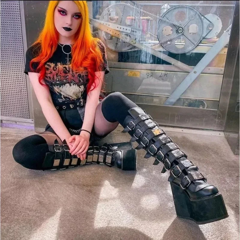 Women Boots Cosplay – High Heel Platform Wedge Boots with Gothic Buckle Strap Design