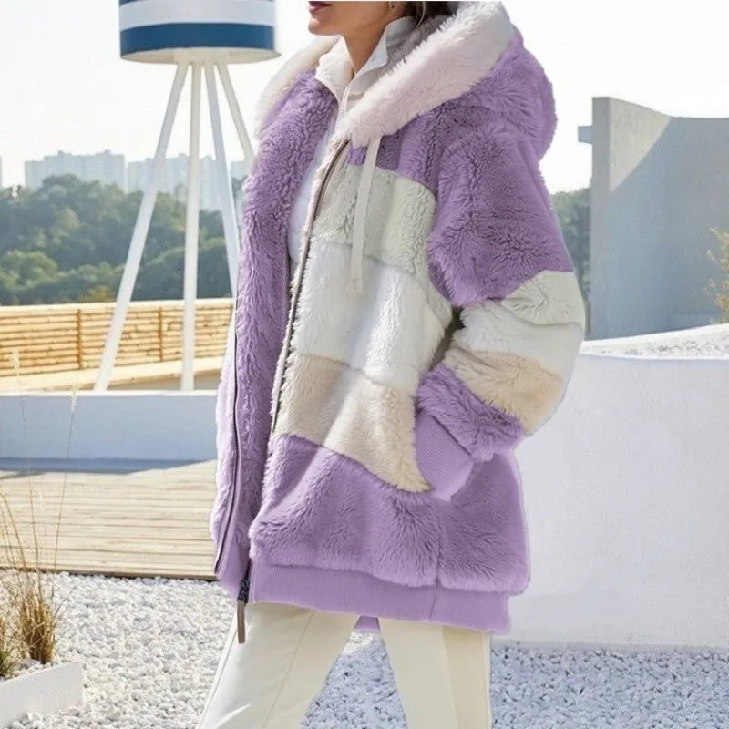 Oversized Hooded Jacket for Women – Warm Plush, Pockets, Loose Streetwear Outerwear for Autumn & Winter