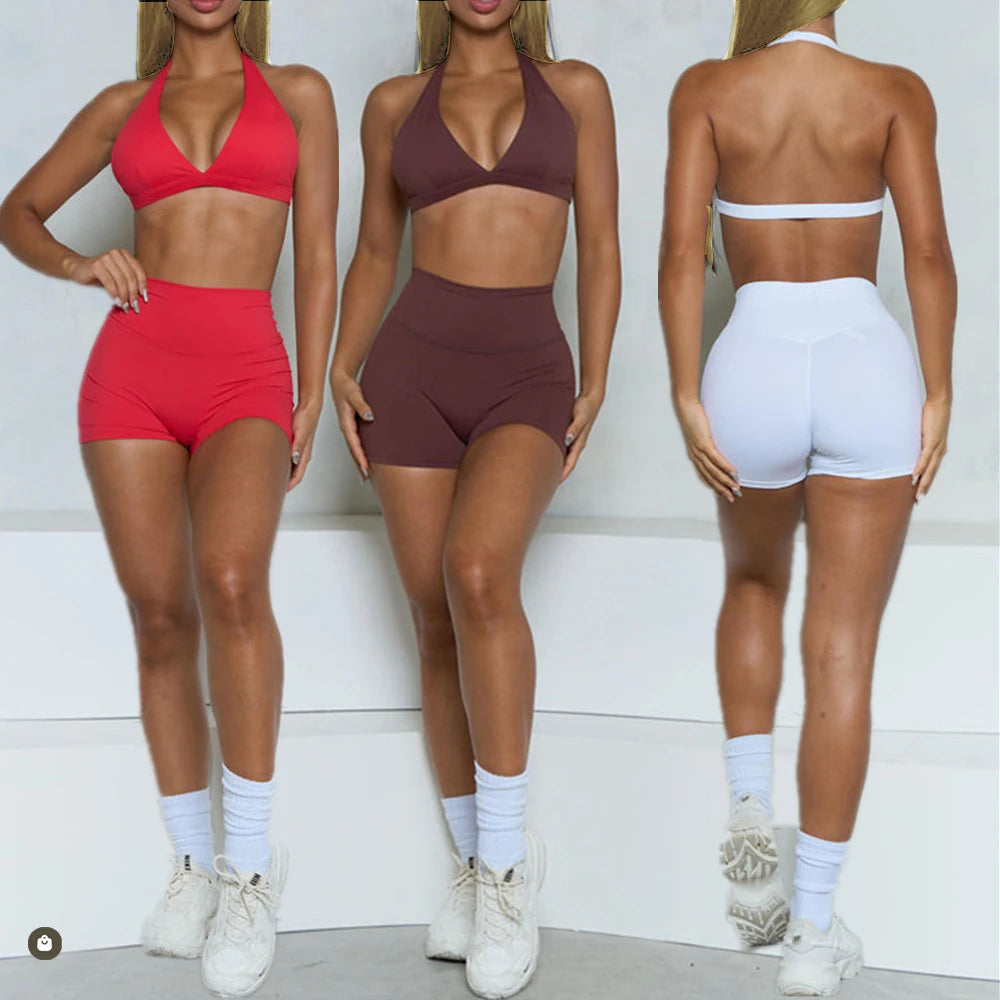 1/2PCS Deep V Bra Gym Halter Yoga Set – Women's Sportswear, Workout Fitness Shorts, Activewear Outfit