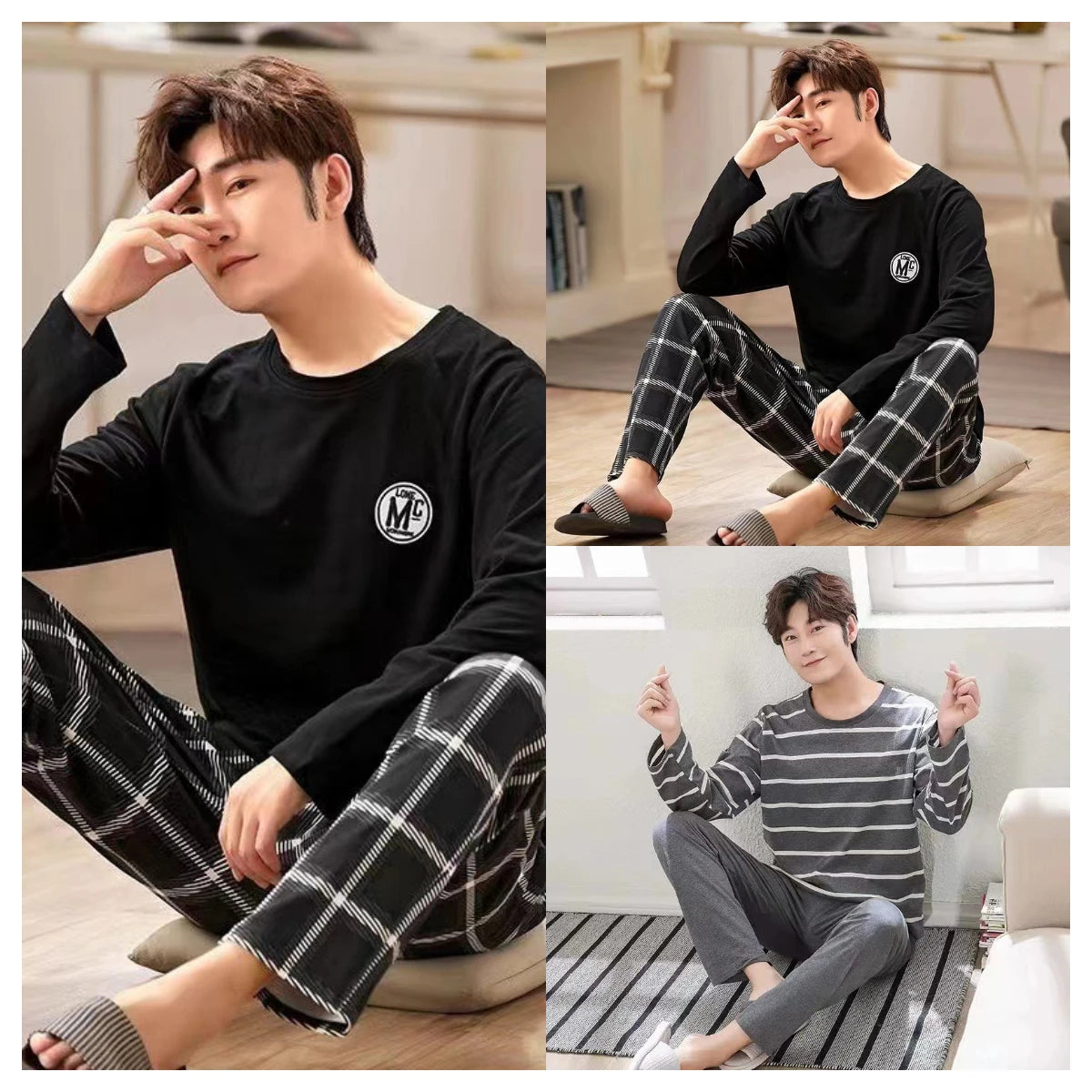 Men's Summer Pyjamas – Long Sleeve, Black Plaid Trousers, Youth Style, Large Size, Two-Piece Homewear Set, Outdoor Wearable