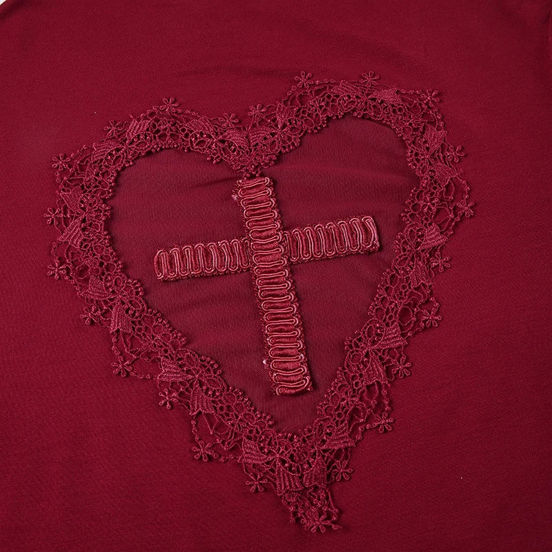 Red Skinny Bodysuit – Heart-Shaped Hollow Out, Sheer Patchwork, Full Sleeve, Vintage Chic Outfit