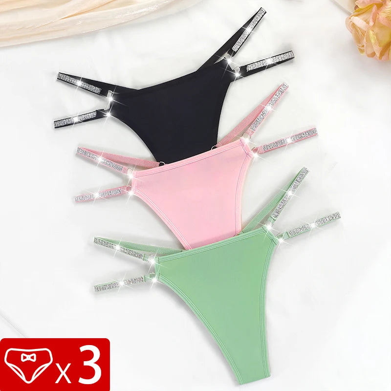 3PCS Women's Sexy Thongs – Low Rise Panties, Double Shiny Belts, Solid Color, Hollow Out, Comfortable Underwear