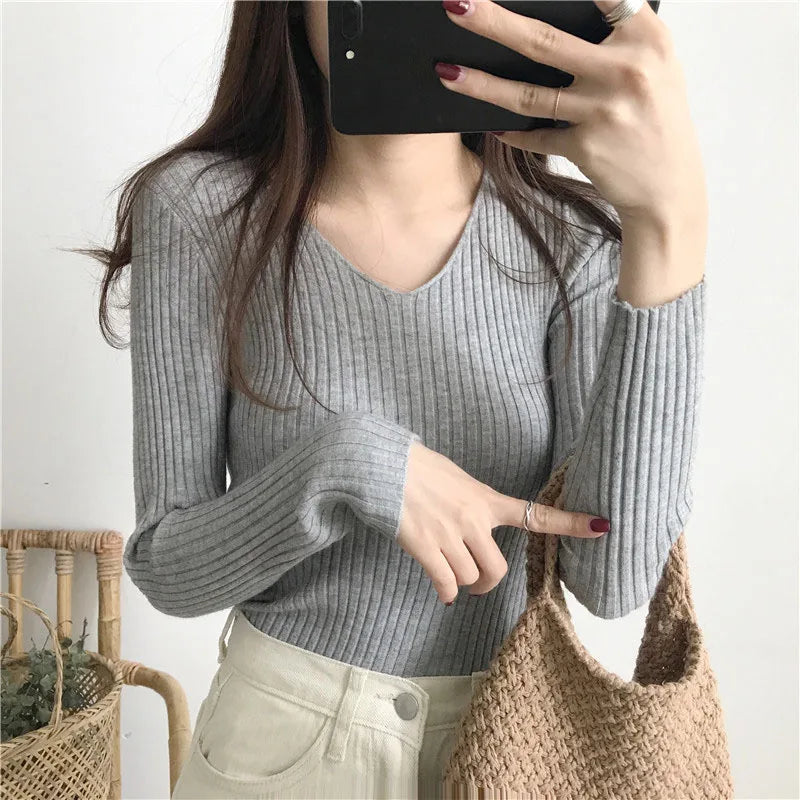 Korean V-Neck Knitted Sweater – Slim Fit, Autumn Winter Pullover, Fashion Jumper for Women
