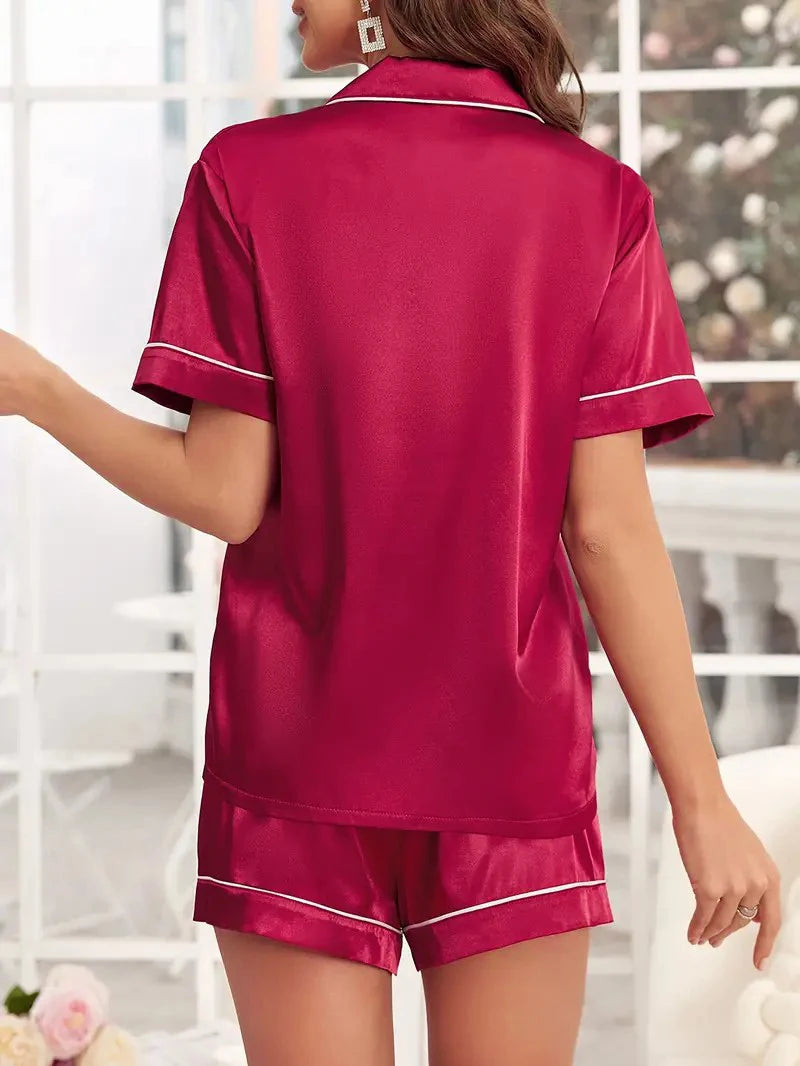 Luxurious Satin Pajama for Women – Summer Sleepwear, Short Sleeve Top with Button-Up Lapel Collar & Shorts, Femme Lounge Set