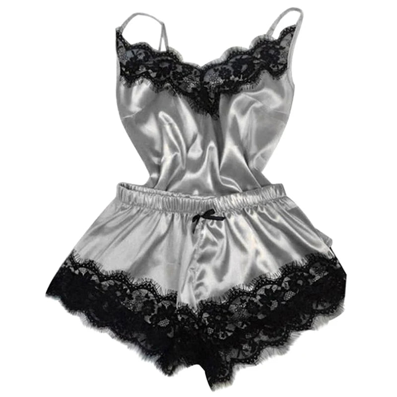 Fashion Nightwear Lace Trim Satin Cami Top Pajama Set – Sexy Hot Erotic Home Wear, Women's Sleeveless Sleepwear