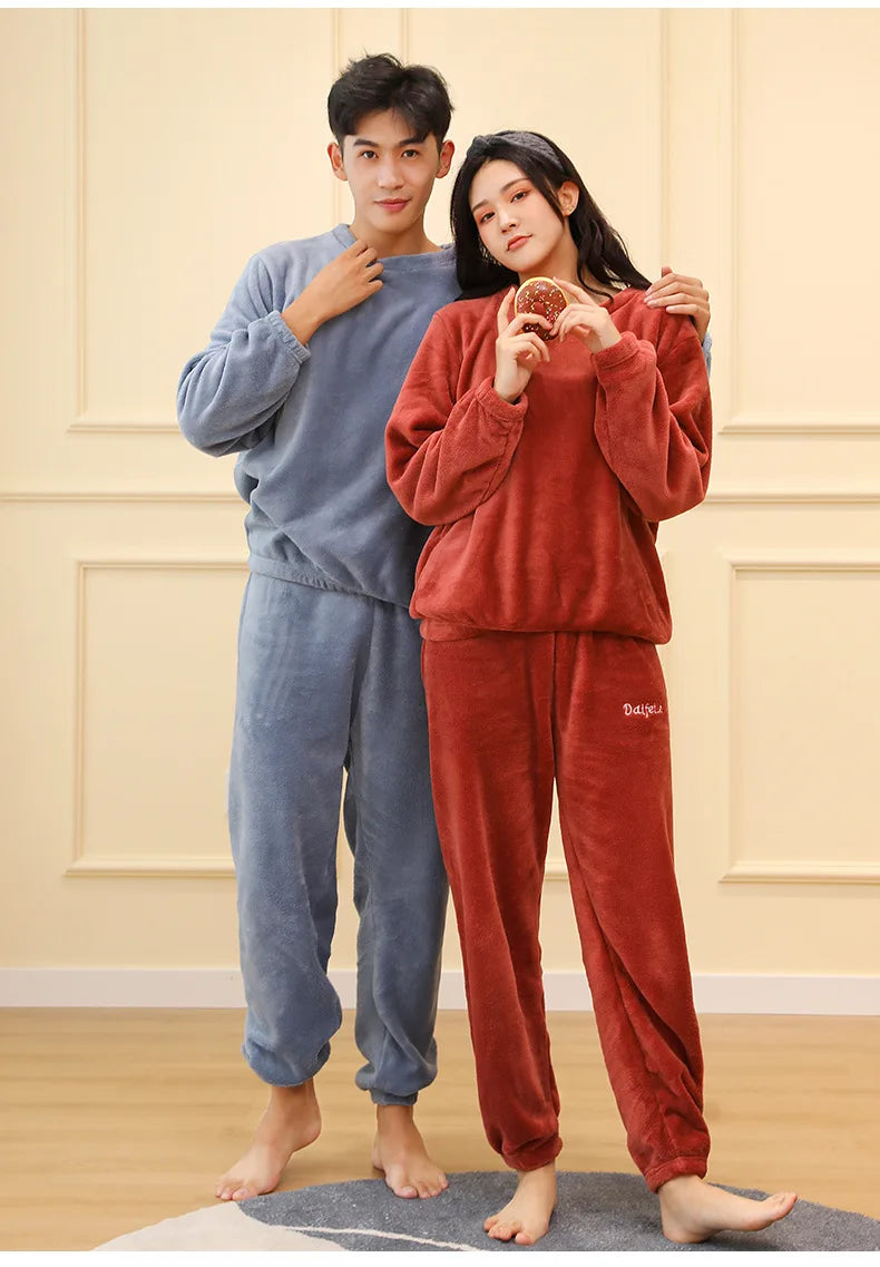 Men's Coral Velvet Pajamas – Thickened, Warm, Long Sleeve & Trousers, Solid Color, Soft Sleepwear, Autumn Winter 2PCS Set