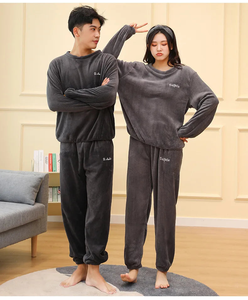 Men's Coral Velvet Pajamas – Thickened, Warm, Long Sleeve & Trousers, Solid Color, Soft Sleepwear, Autumn Winter 2PCS Set