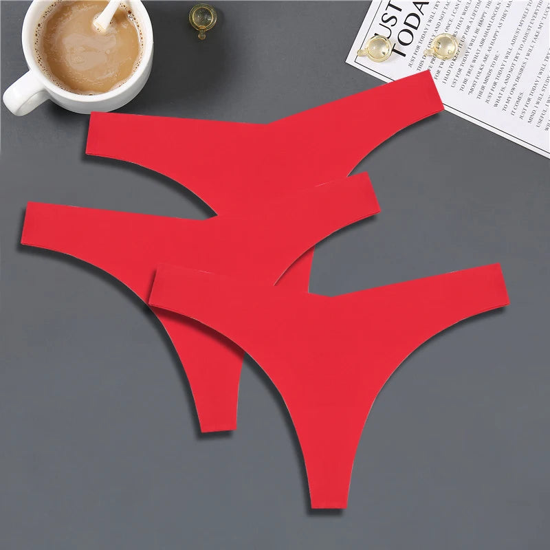 3PCS Women Ice Silk Seamless Thongs – Sexy V-Waist, Low Rise, Sporty, Breathable, 10 Solid Colors