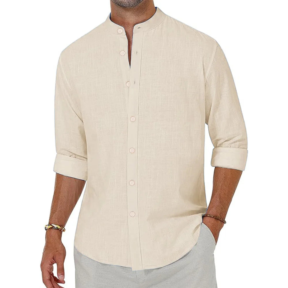 Men's Cotton Linen Shirts – Long Sleeve Button Down With Henley Collar, Beach Style Hawaiian Vacation Casual Tops