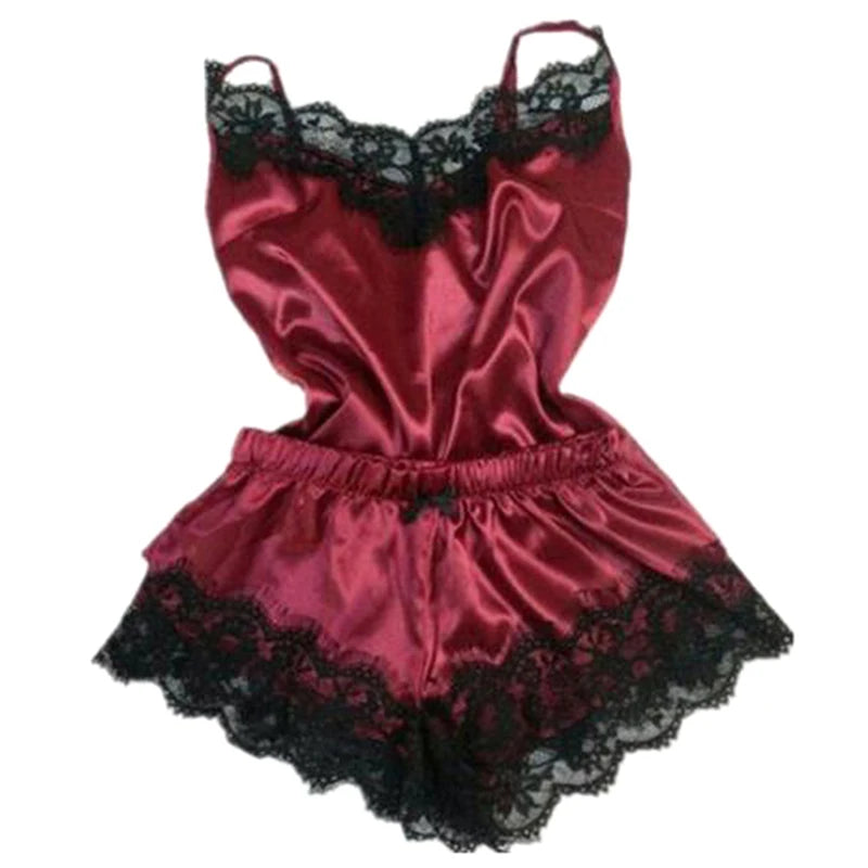 Fashion Nightwear Lace Trim Satin Cami Top Pajama Set – Sexy Hot Erotic Home Wear, Women's Sleeveless Sleepwear