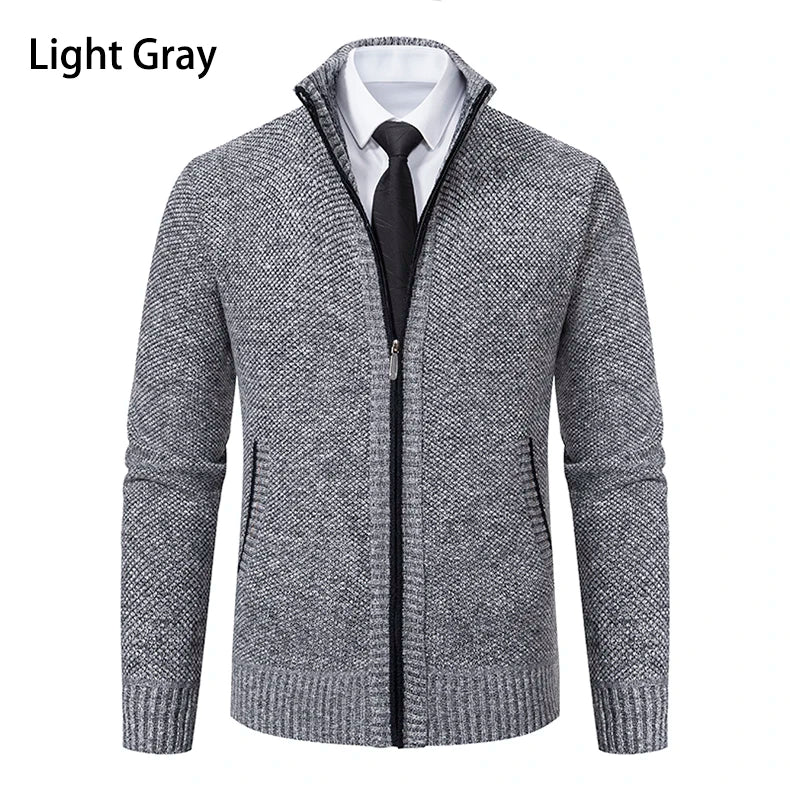 Jersey Men's Casual Sports Coat – Solid Color Stand Collar Sweater, Fleece-Lined, Warm Zipper Cardigan