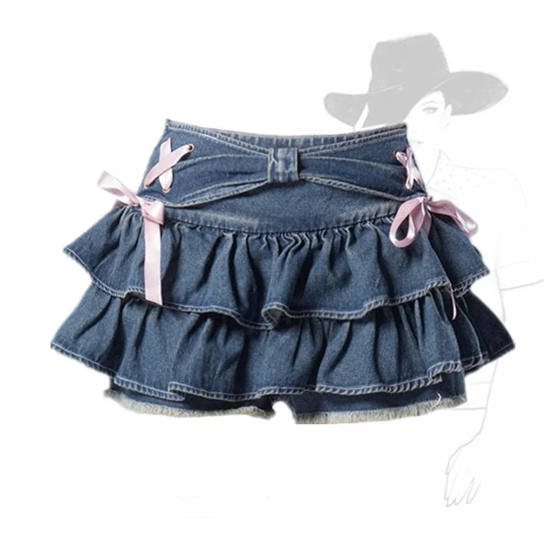 Denim Pleated A-Line Skirt – Bow Fold Design, Built-in Shorts, American Spicy Girl, Korean Fashion