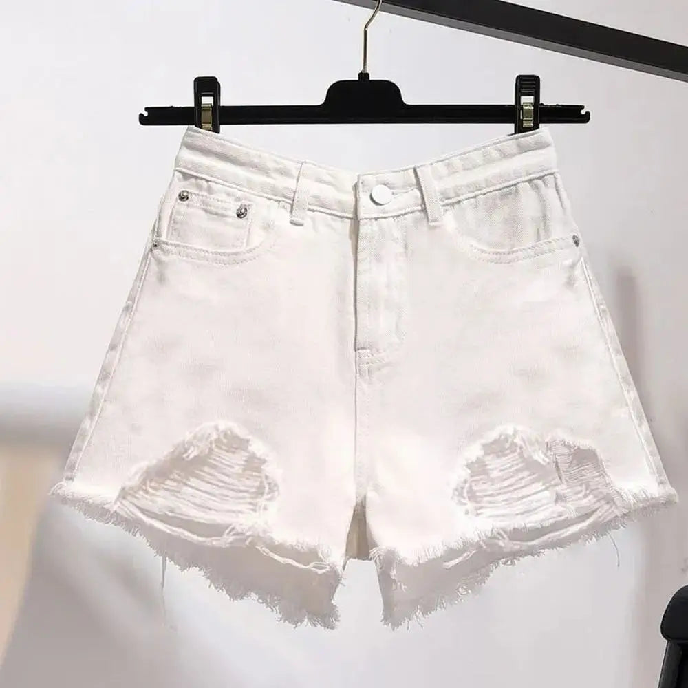 Women's Cowboy Shorts – Korean Style, High Waist, Casual, Denim, Pocket Design, Tassel, Perforated, Ripped Holes, Y2K White Jeans