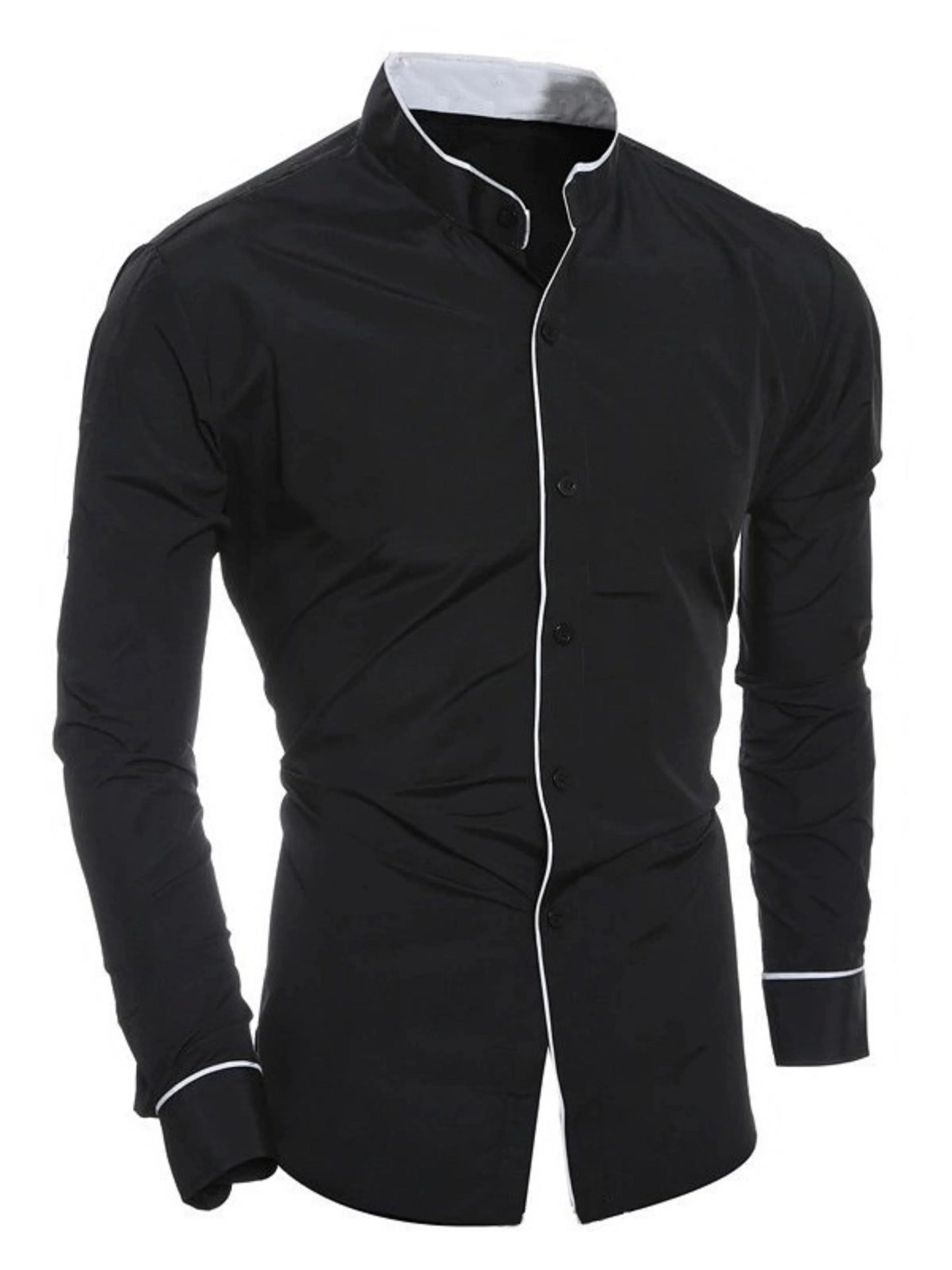Men's Long-Sleeved Solid Color Shirt – Stand-Up Collar, Comfortable Button-Down, Fashionable Slim Fit Shirt