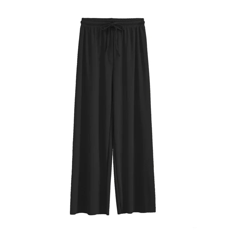 Women Ankle-Length Wide Leg Pants – Casual, Summer, Solid Color, Elastic Waist, Loose Fit, Ice Silk, Spring/Summer