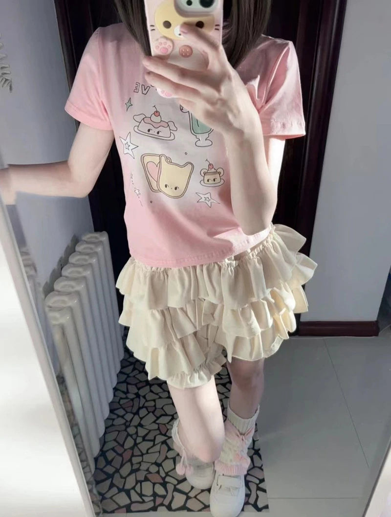 Y2K Sweet Ruffle Mini Skirt – Kawaii Lolita A-Line, Harajuku High-Waisted Bow Skirt in Pink & White