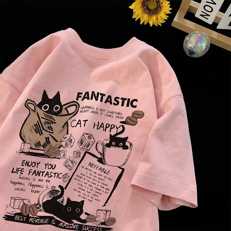 Oversized Cartoon Cat T-Shirt – Unisex Korean Style, Casual Short Sleeve Couple Tee