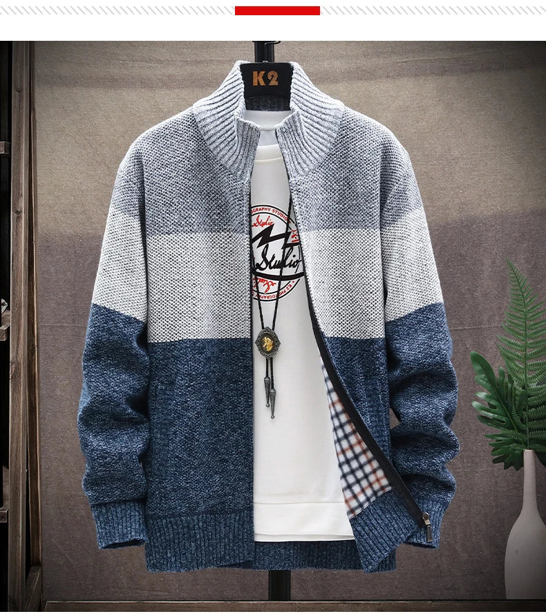 Cardigan Sweater Men – Fleece Zipper, Velvet Contrast Striped Sweater Coat, Casual Jacket for Autumn and Winter