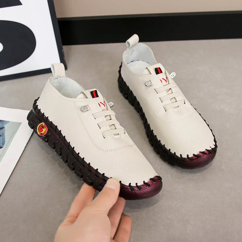 Lace-Up Leather Loafers - Flat Casual Shoes for Women, New Spring Collection, Outdoor Travel and Walking Sneakers
