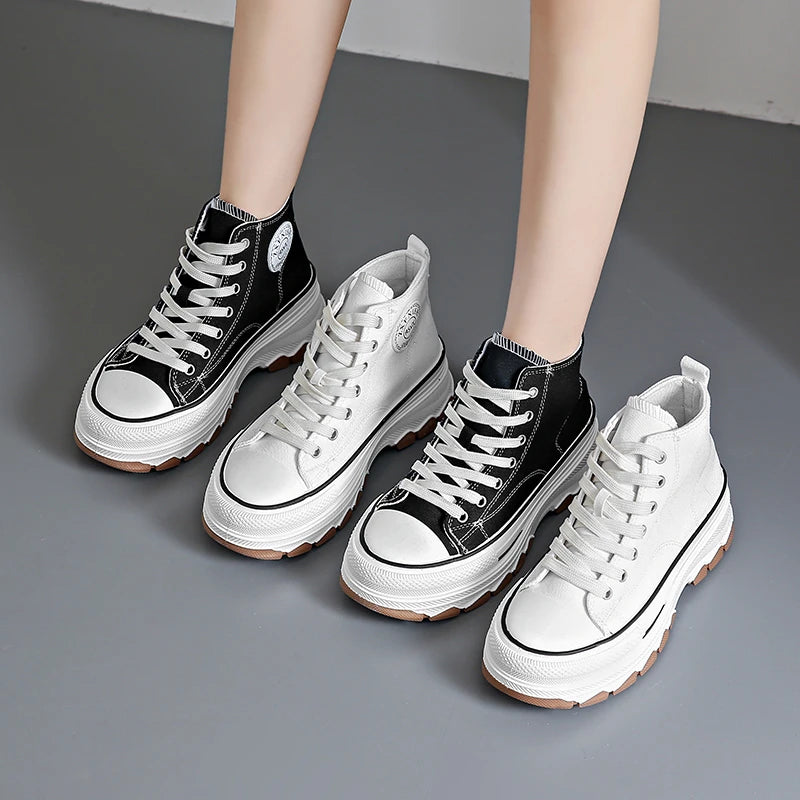 Women’s High Top Canvas Sneakers - Lace-Up, Non-slip, Wear-Resistant, Spring Platform