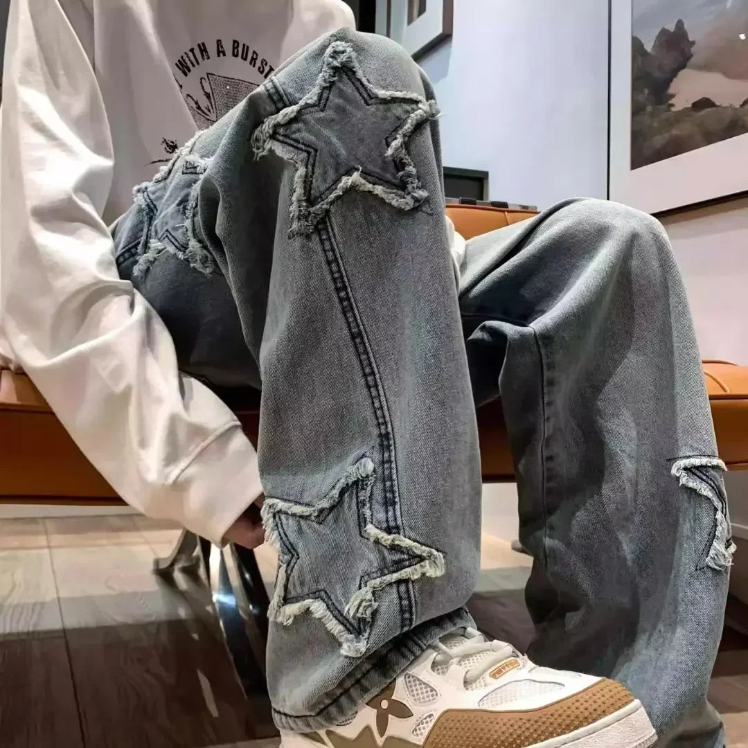 Stars Patchwork Men Jeans – New Fashion Y2K, Tassel Design, Korea Style, Straight Fit, Hip Hop Splicing Trousers, Male Streetwear
