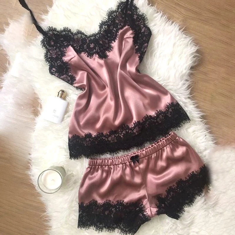 Fashion Nightwear Lace Trim Satin Cami Top Pajama Set – Sexy Hot Erotic Home Wear, Women's Sleeveless Sleepwear