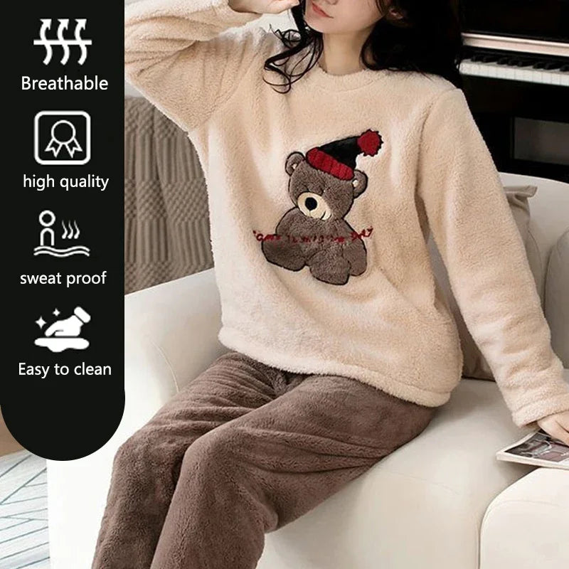 Thickened Warm Large Size Padded Fall and Winter Women's Pajamas – Top and Pants Set, Coral Velvet with Cartoon Bear, 2PCS/Set