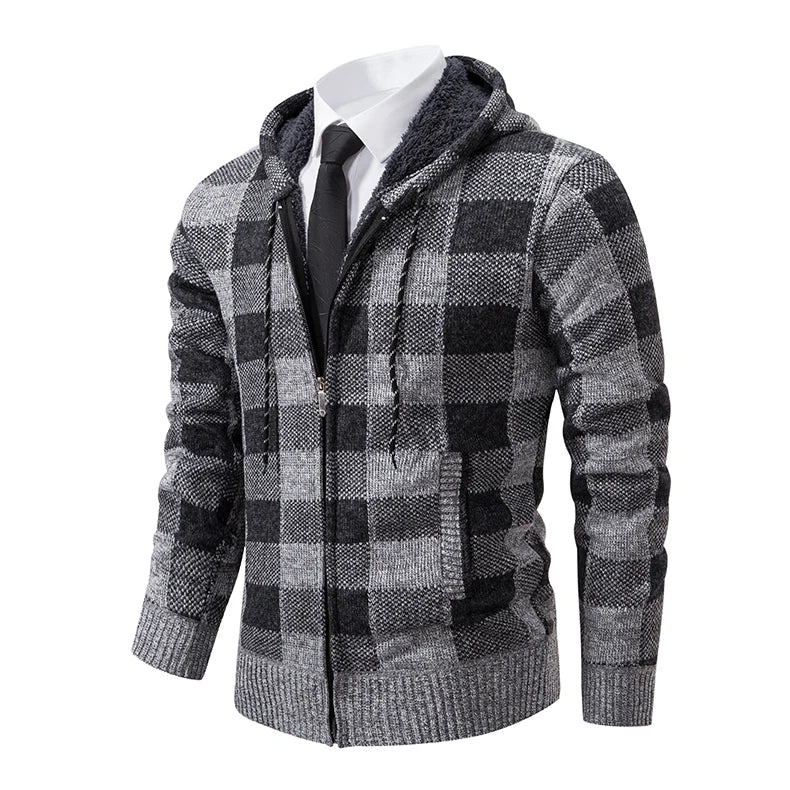 Men's Cardigan – Fashion Plus Velvet Padded Knit Jumpers, Male Sweater, Hooded Plaid Korean Luxury Brand Coat