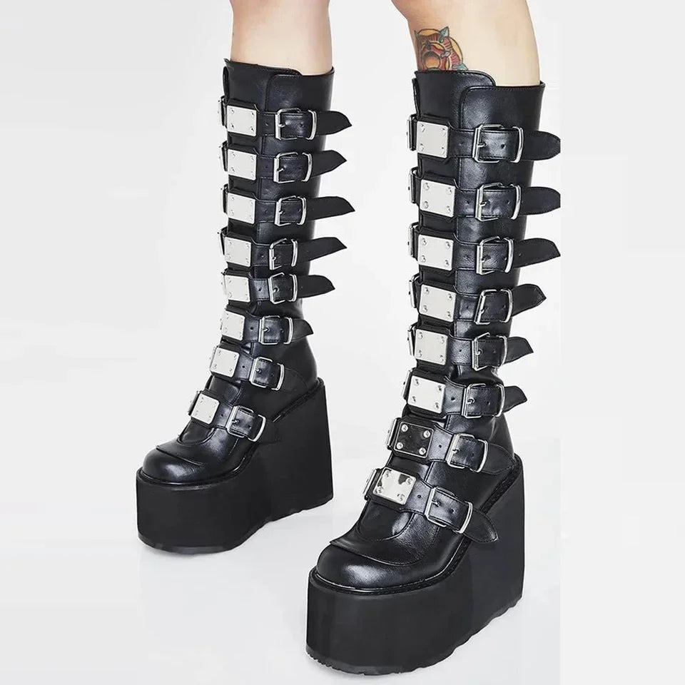 Women Boots Cosplay – High Heel Platform Wedge Boots with Gothic Buckle Strap Design