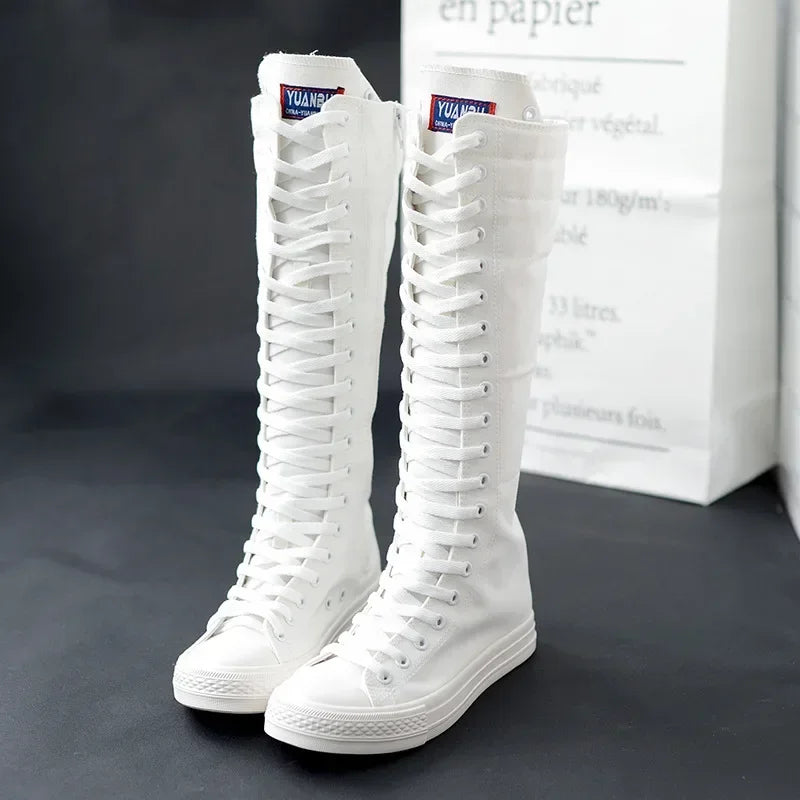 Women's Canvas Long Boots – High-Top, Lace-Up Knee-High Flats, Casual Vulcanized Sneakers