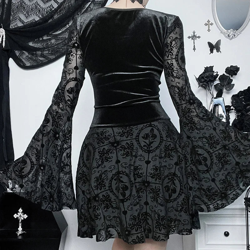 Gothic Long Sleeve Ruffle Mini Dress Women's Vintage V Neck Velvet Stretchy Bodycon Cocktail Dresses Victorian Blouse