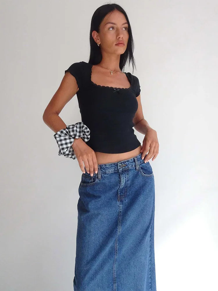 Y2K Vintage Baby Tee – Cottagecore Lace Trim, Knitted Square Neck Crop Top for Women