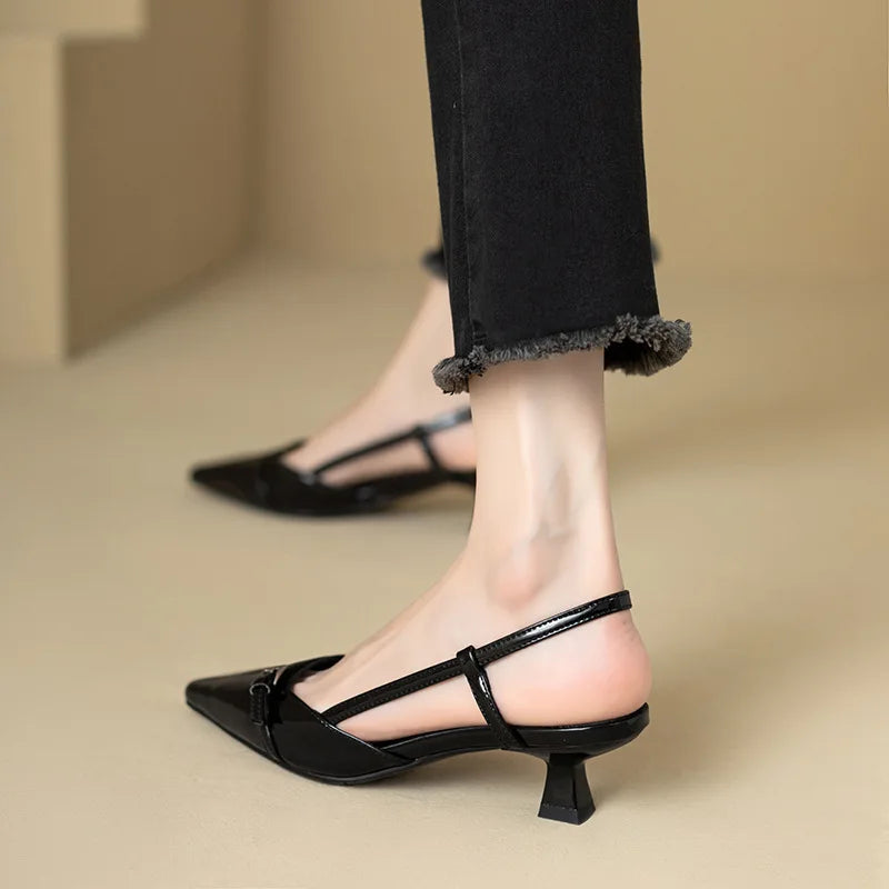 Pointed Patent Leather Sandals - Mid-Heel Overhead Retro Skinny Heel Backless Shoes for Women