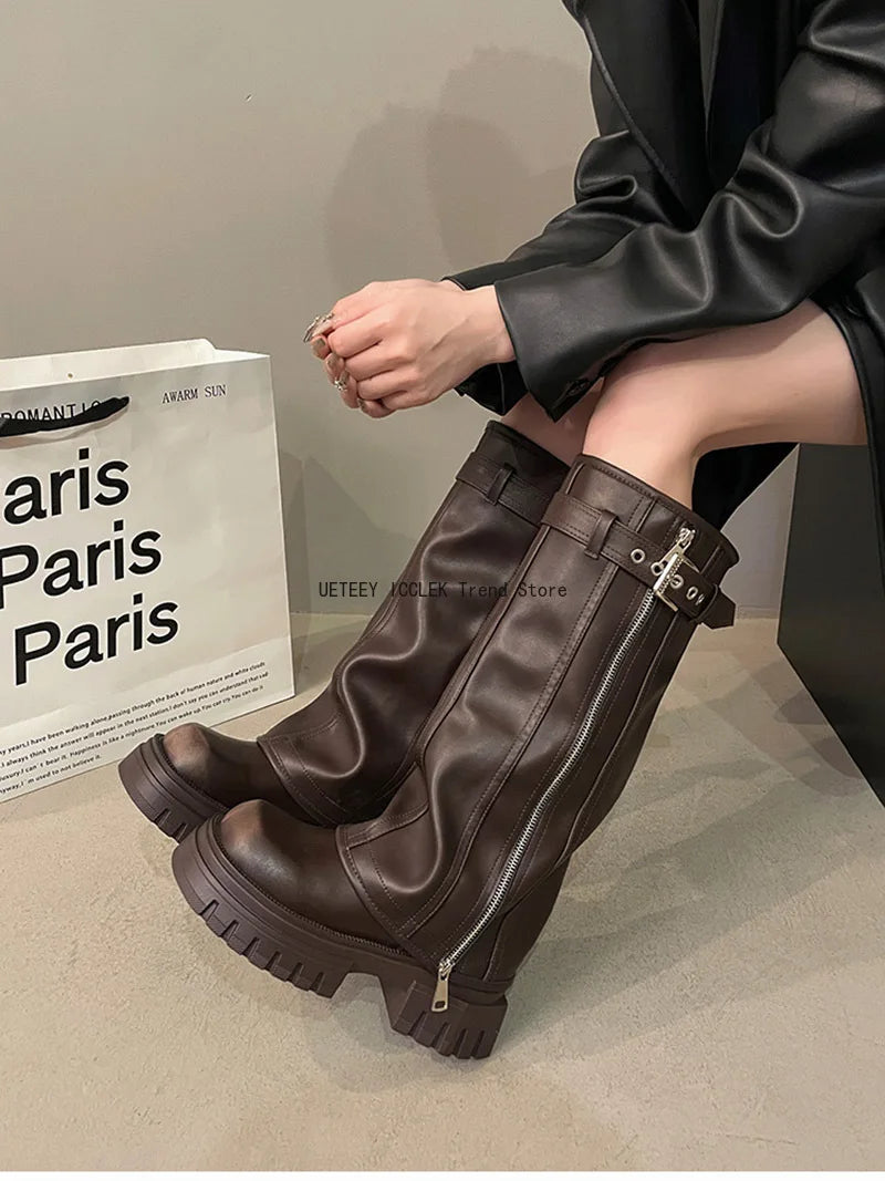 Winter Women Biker Boots – Fashion Belt Buckle, Elegant Platform Knee-High Booties for Ladies