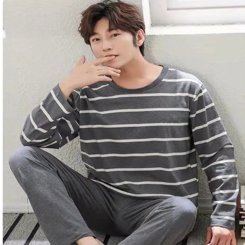 Men's Summer Pyjamas – Long Sleeve, Black Plaid Trousers, Youth Style, Large Size, Two-Piece Homewear Set, Outdoor Wearable