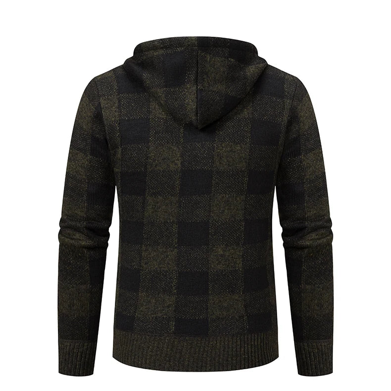 Men's Cardigan – Fashion Plus Velvet Padded Knit Jumpers, Male Sweater, Hooded Plaid Korean Luxury Brand Coat