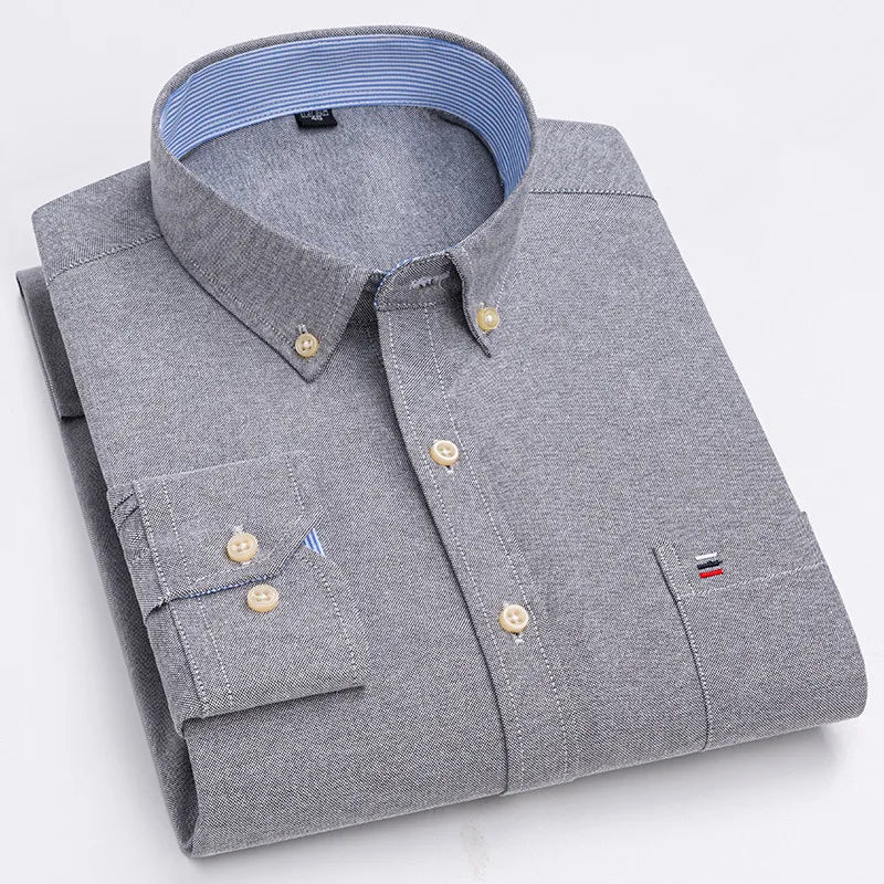 Men's 100% Cotton Shirt – Long Sleeve Plaid Oxford, Solid Color, Regular Fit Formal Dress Shirt, Available In Oversized